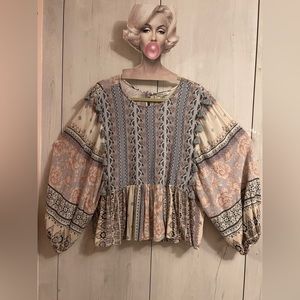 Blue, Pink embroidered boho top with tassels